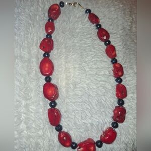 Elegant Red Nugget Coral and Black Freshwater Pearl Necklace